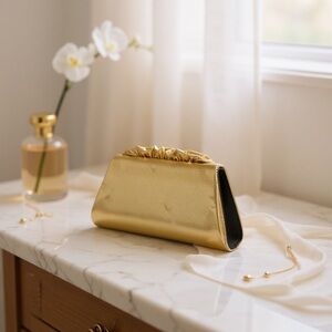 Metallic Gold Ruched Frame Clutch Bag Top Handle Chain Wedding Party Purse